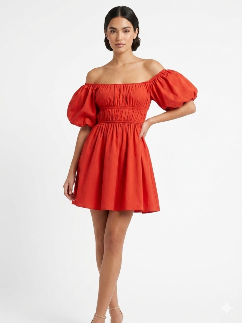 Abercrombie & Fitch Coral Puff-Sleeve Smocked Waist Dress - Picture 3 of 6